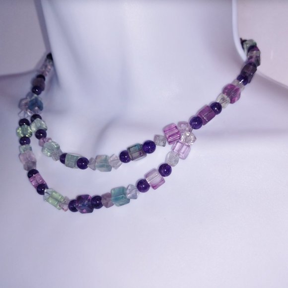 Handmade Beaded Statement Necklace with Fluorite and Amethyst Beads Purple Green - Picture 10 of 12